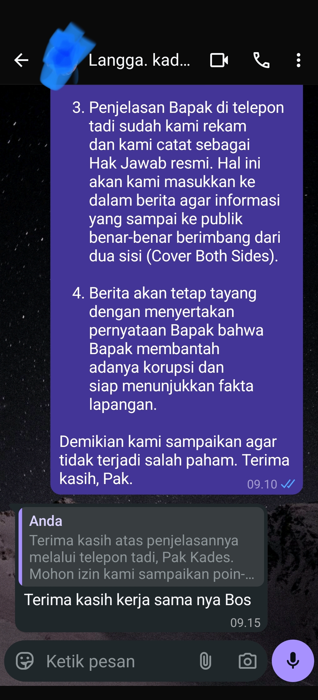 Bukti pendukung chat WhatsApp redaksi dengan kepala desa Karangsari Langga
