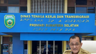 Kolase foto Sekda Sumsel Edward Candra dan Gedung Disnaker Sumsel terkait investigasi PTBA